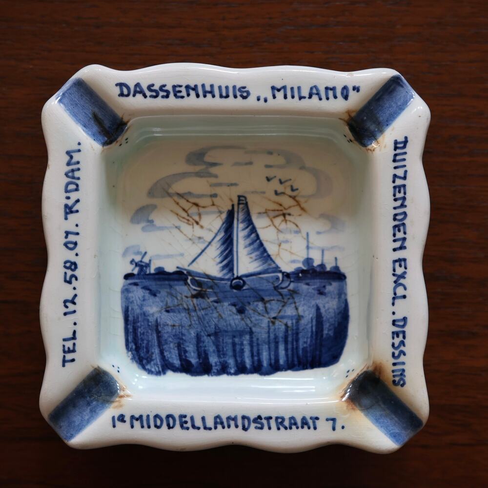 Vintage hand painted Delft Sailboat & windmill Rustic ashtray from Rotterdam